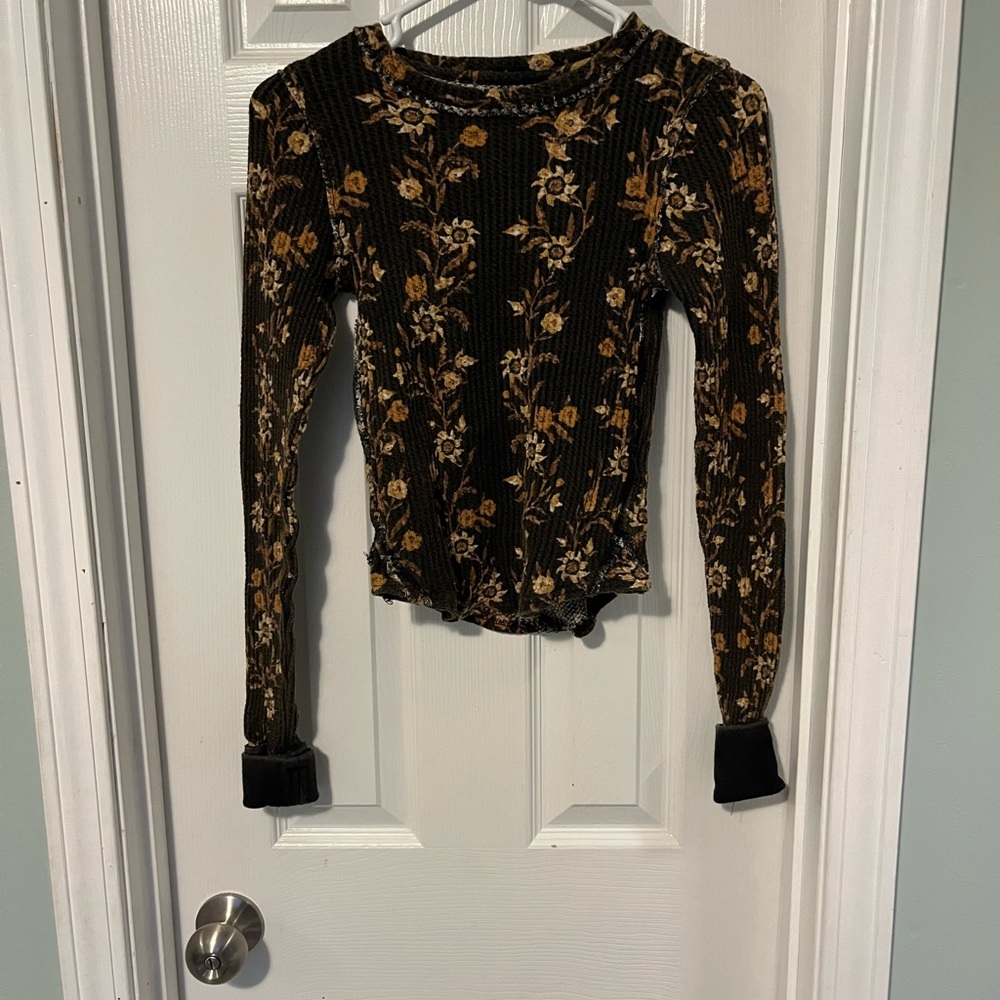 We The Free Black Floral Ribbed Long Sleeve Tee